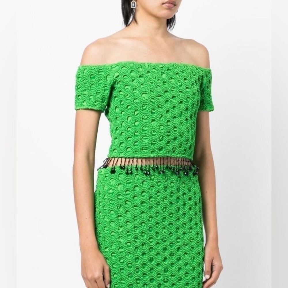 NWOT GANNI Green Smocked Off Shoulder Crop Top Fringe EU 36 US 4